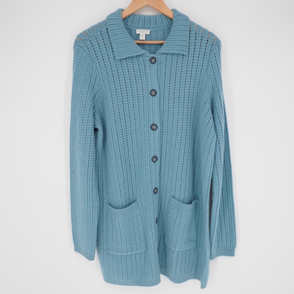 Garnet Hill Cashmere Long Cardigan Sweater Women M Blue Pointelle Collar Pockets